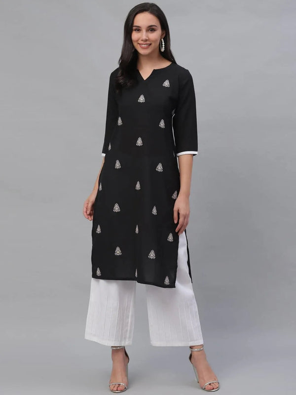 Black Embroidered Rayon Kurta - Jashvi