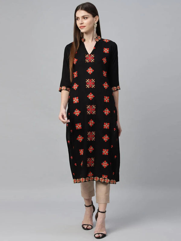 Black Embroidered Rayon Kurta - Jashvi