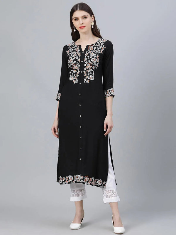 Black Embroidered Rayon Kurta - Jashvi