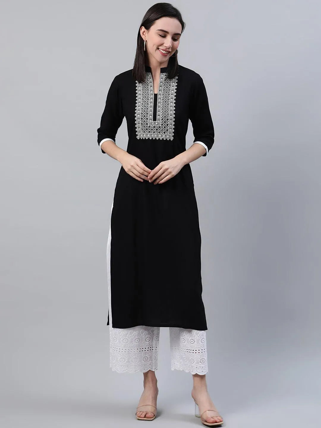 Black Embroidered Rayon Kurta - Jashvi