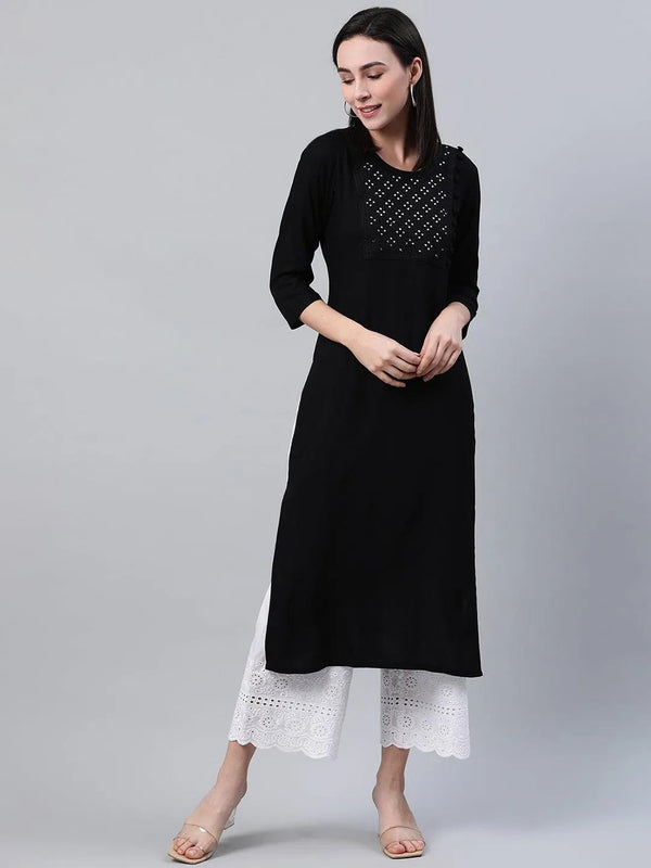 Black Embroidered Rayon Kurta - Jashvi