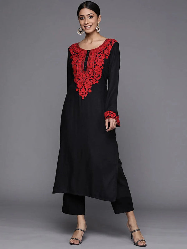 Black Embroidered Rayon Kurta - Jashvi