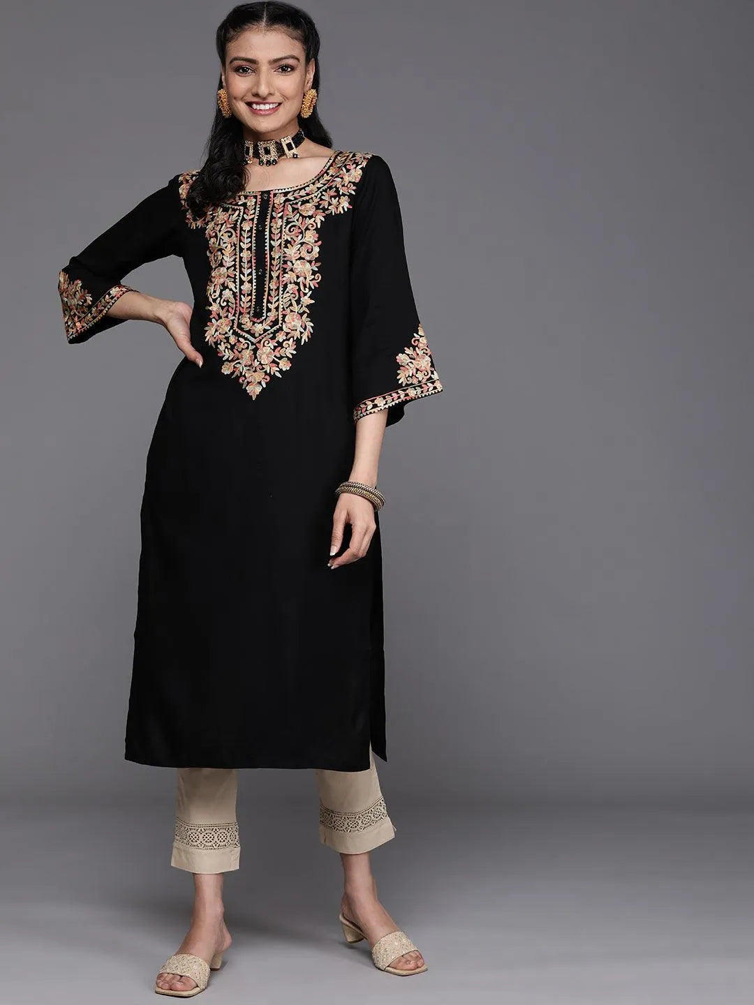 Black Embroidered Rayon Kurta - Jashvi