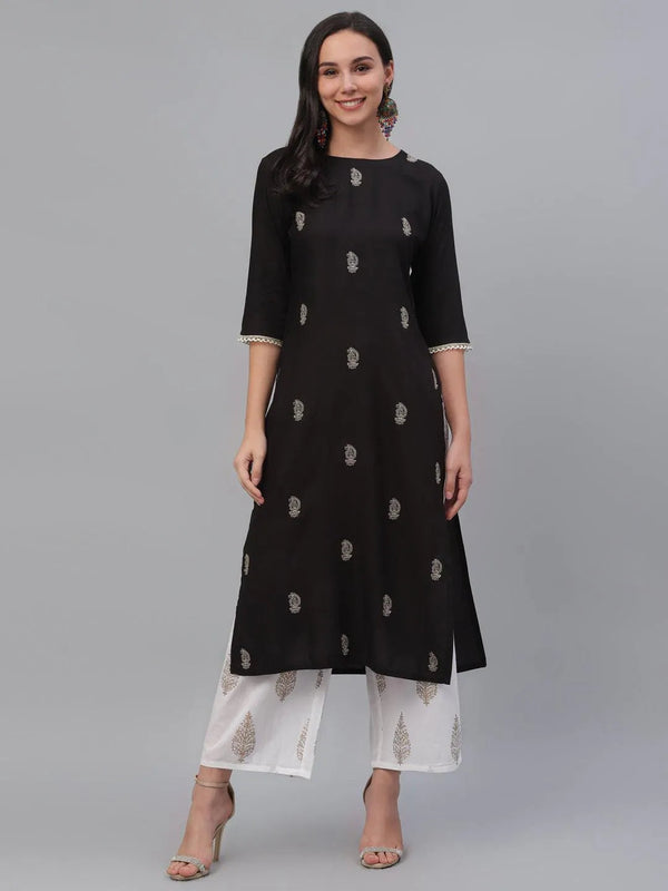 Black Embroidered Rayon Kurta - Jashvi