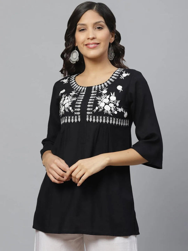 Black Embroidered Rayon Kurti - Jashvi