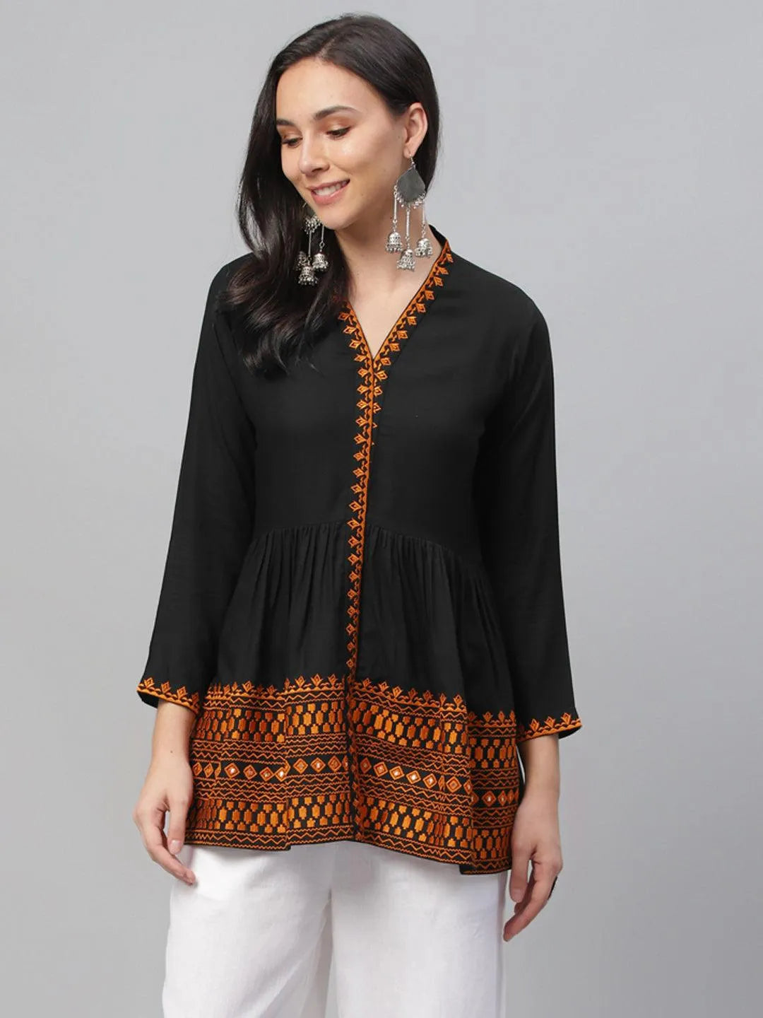 Black Embroidered Rayon Kurti - Jashvi