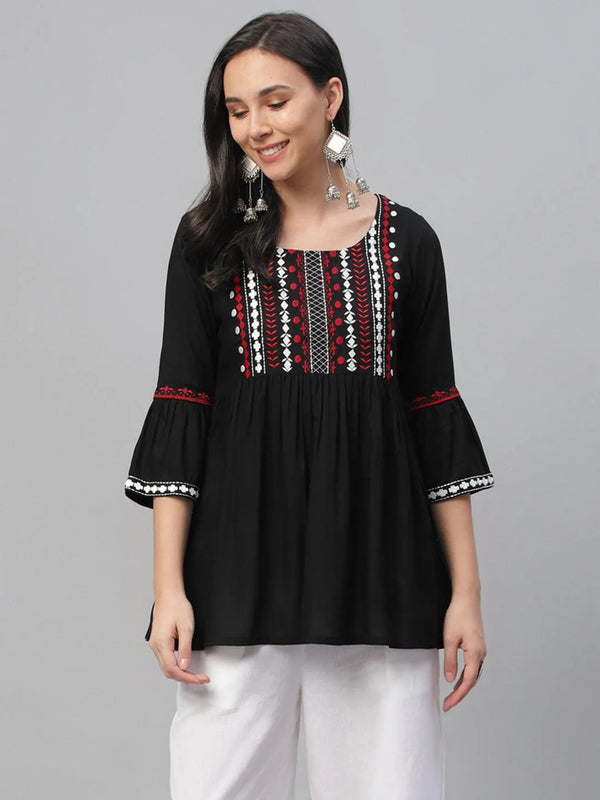 Black Embroidered Rayon Kurti - Jashvi