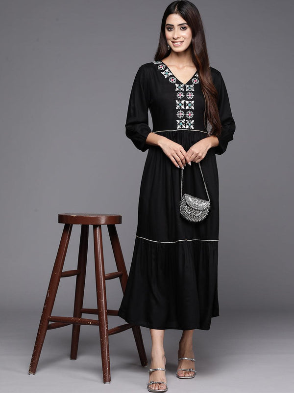 Black Embroidered Rayon Maxi Dress - Jashvi