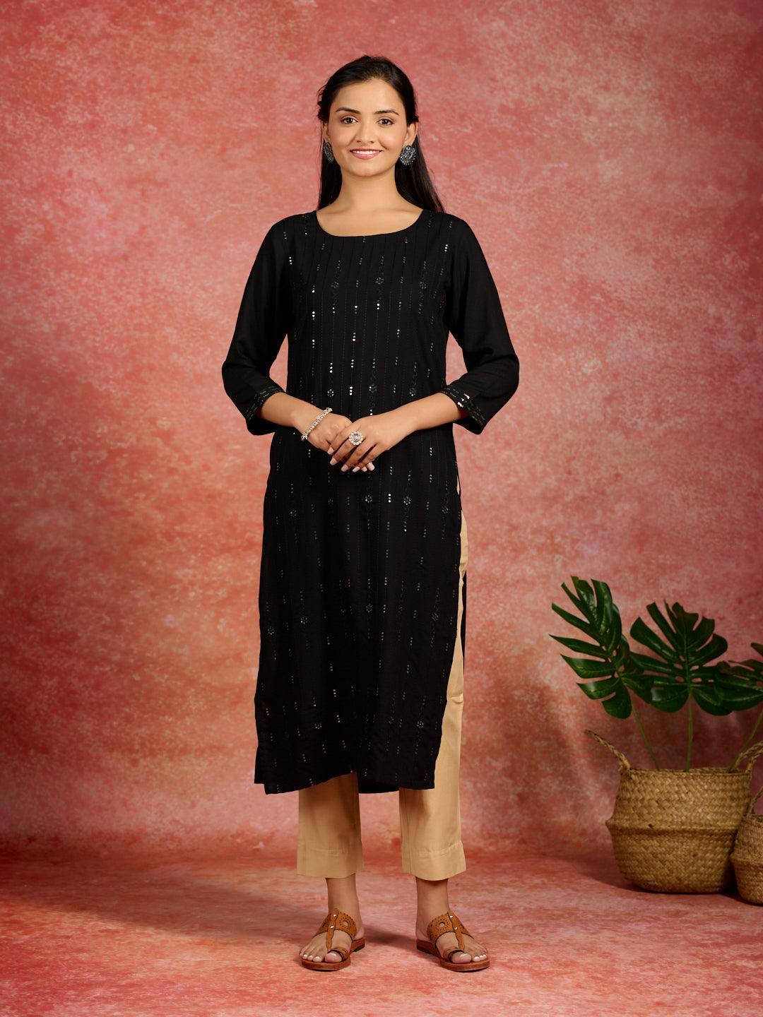 Black Embroidered Rayon Straight Kurta - Jashvi