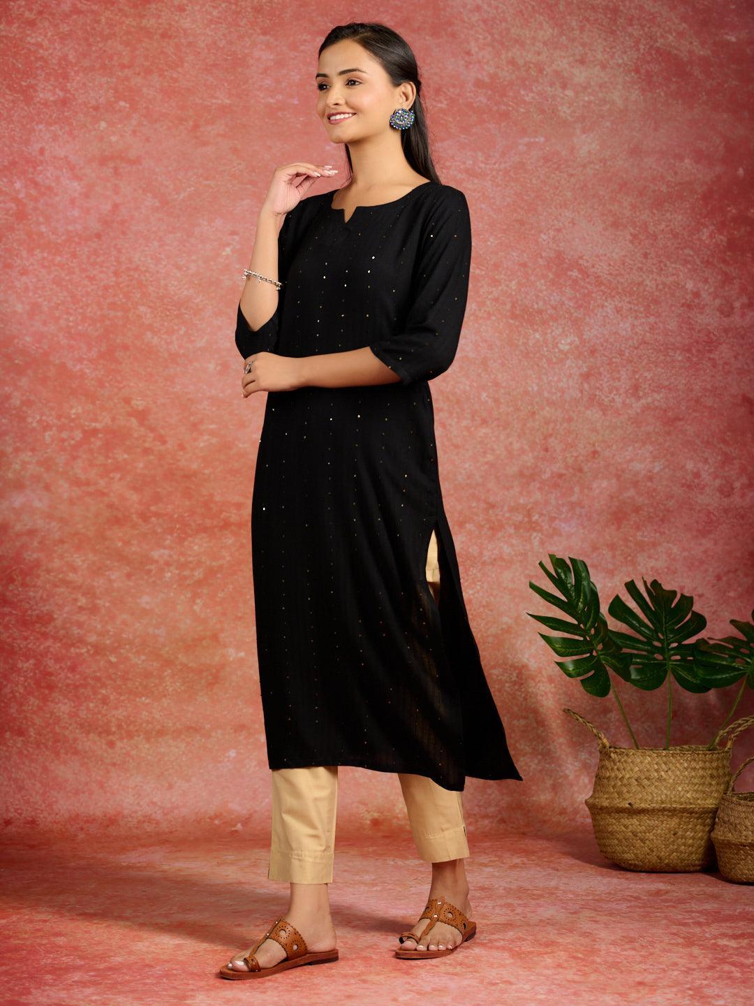 Black Embroidered Rayon Straight Kurta - Jashvi