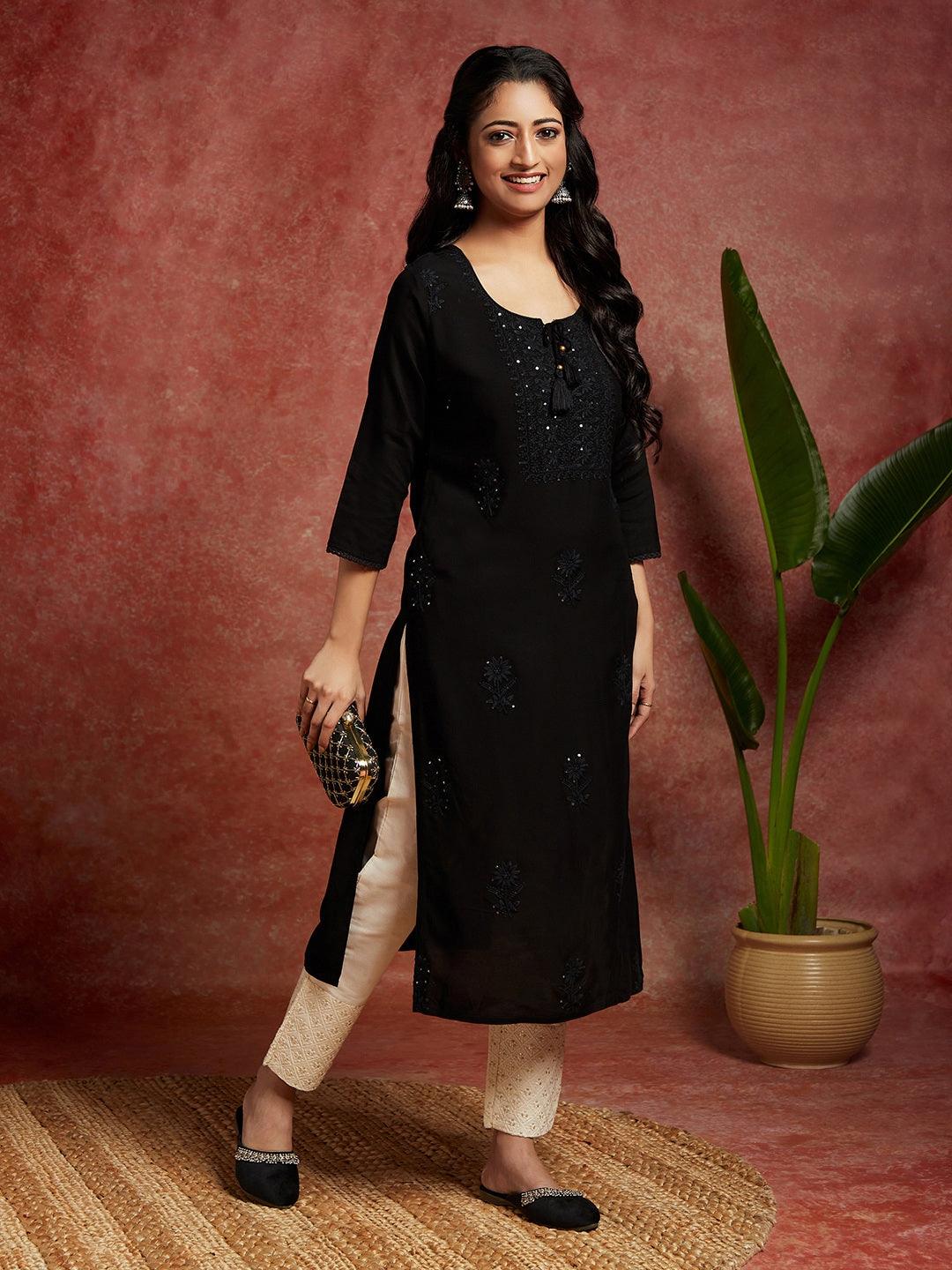 Black Embroidered Rayon Straight Kurta - Jashvi