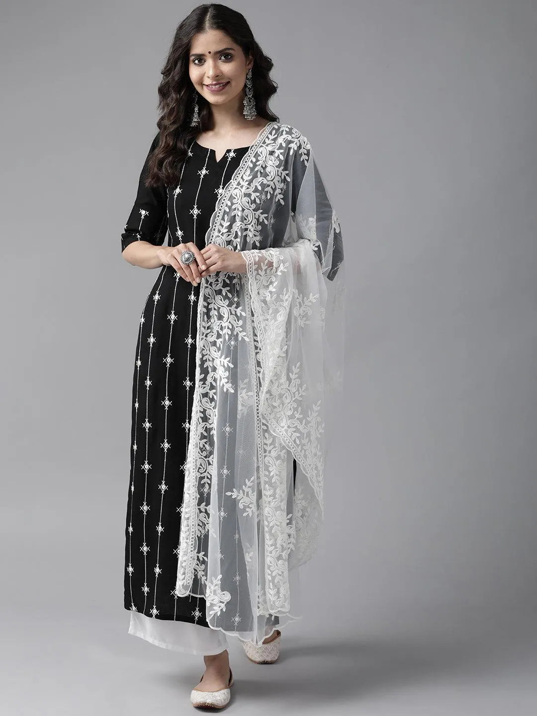 Black Embroidered Rayon Suit Set - Jashvi