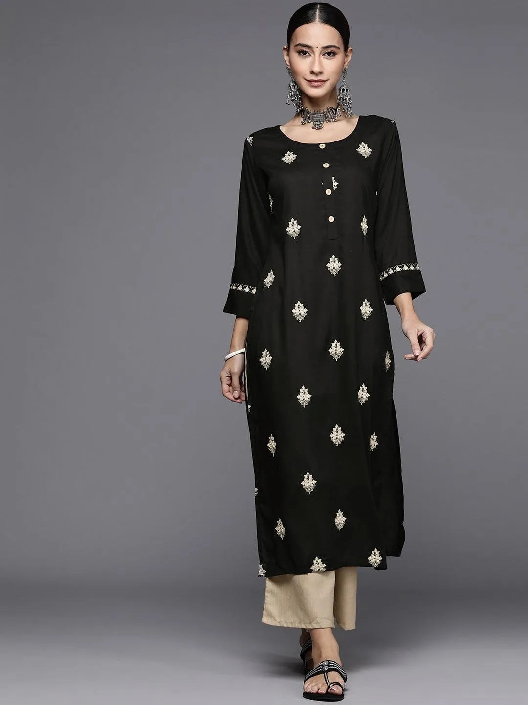 Black Embroidered Rayon Kurta Set - Jashvi