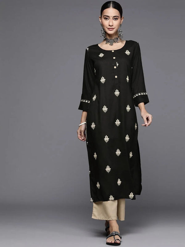 Black Embroidered Rayon Kurta Set - Jashvi