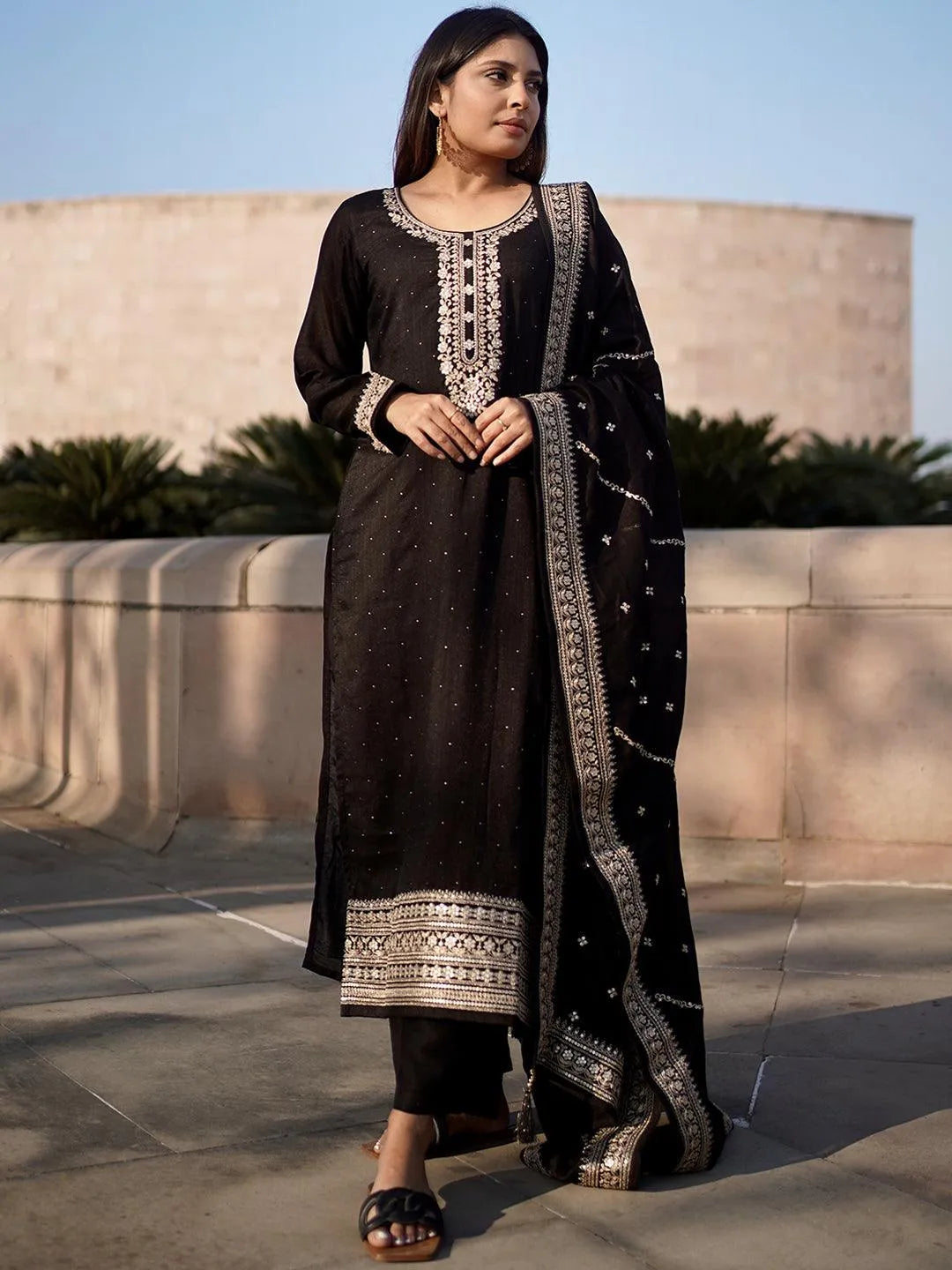 Black Embroidered Silk Blend Straight Suit Set - Jashvi