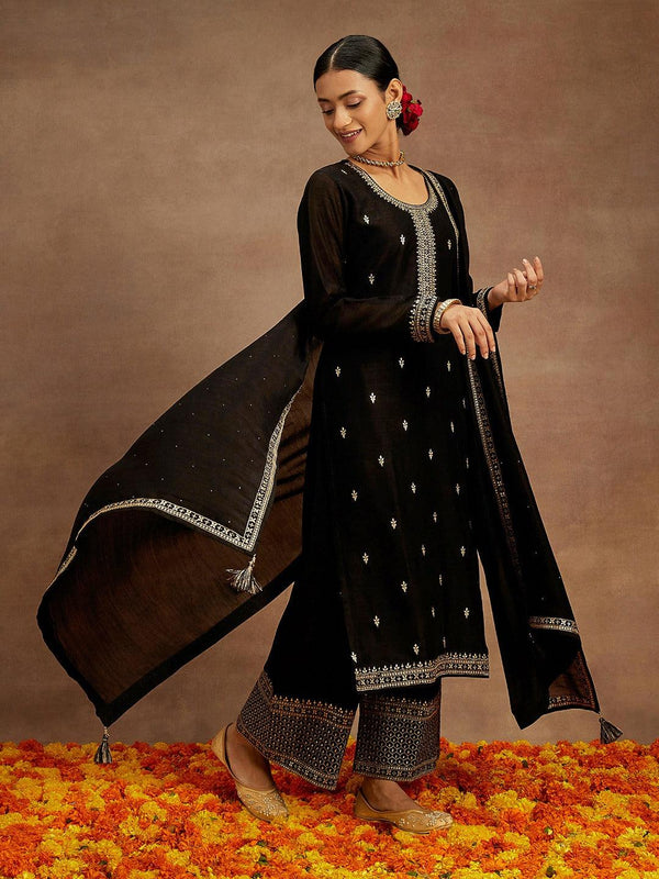 Black Embroidered Silk Blend Straight Kurta With Palazzos & Dupatta - Jashvi