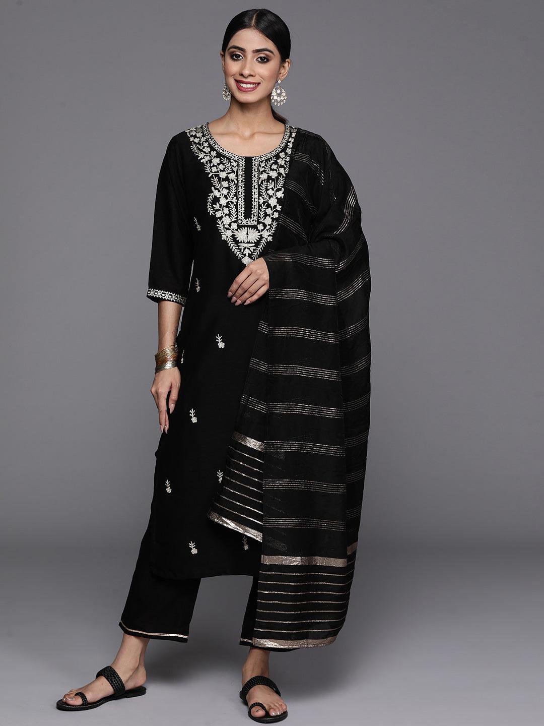 Black Embroidered Silk Blend Straight Kurta With Trousers & Dupatta - Jashvi