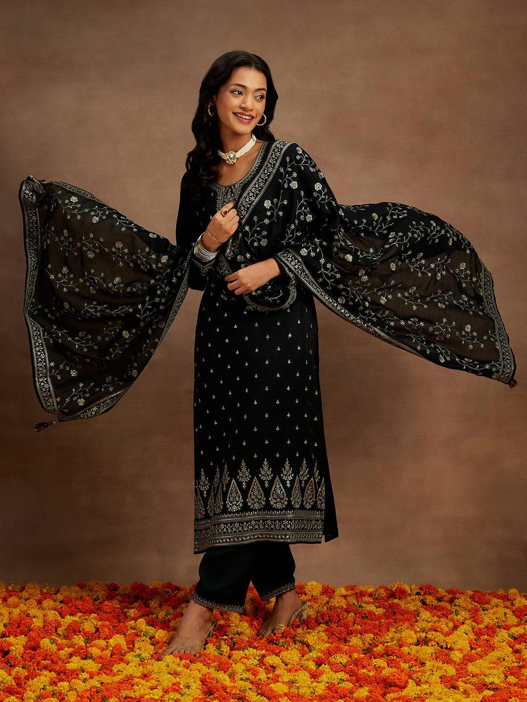 Black Embroidered Silk Blend Straight Kurta With Trousers & Dupatta - Jashvi