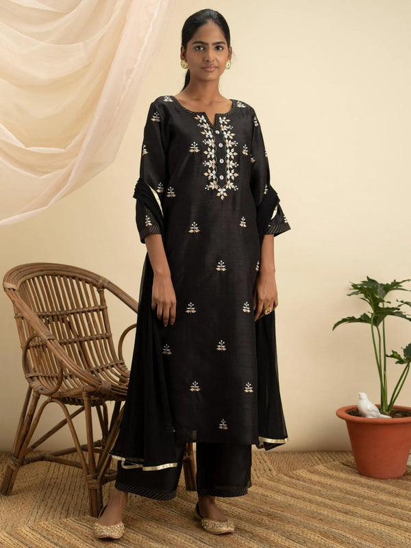 Black Embroidered Silk Suit Set - Jashvi