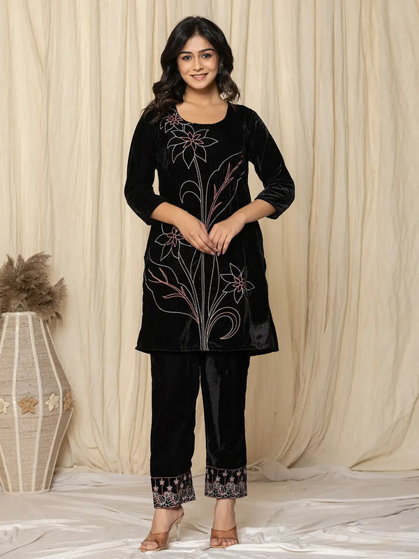 Black Embroidered Velvet Co-Ord Set