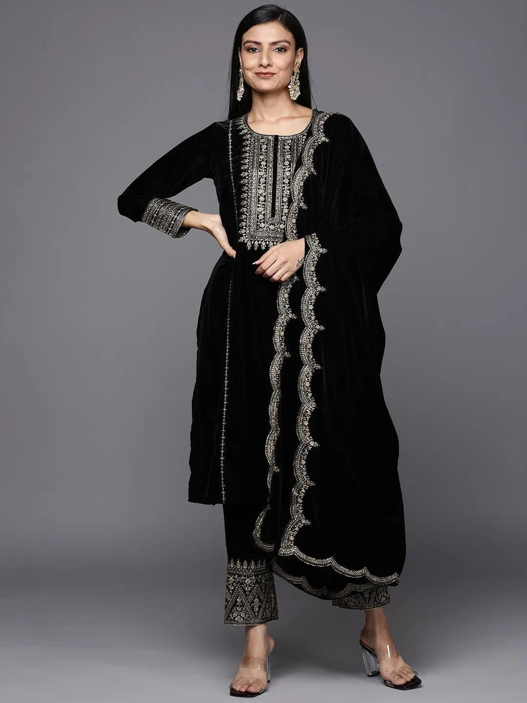 Black Embroidered Velvet Straight Suit Set - Jashvi