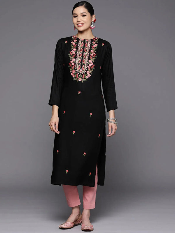 Black Embroidered Wool Straight Kurta - Jashvi