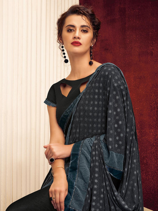 Women's Black Fancy Lycra Designer Saree With Blouse - Odette