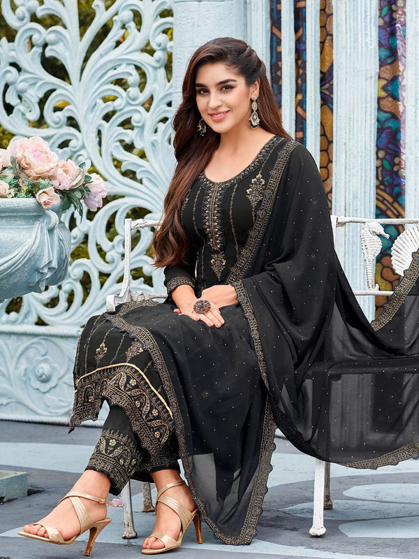 Women's Black Faux Georgette Heavy Thread Embroidery Kurta Set - Odette