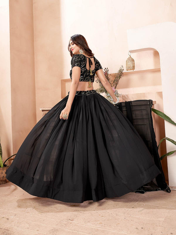 Women's Black Faux Georgette Lehenga Set - Odette