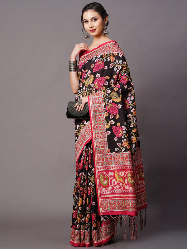 Women's Black Festive Bhagalpuri Silk Printed Saree With Unstitched Blouse - Odette