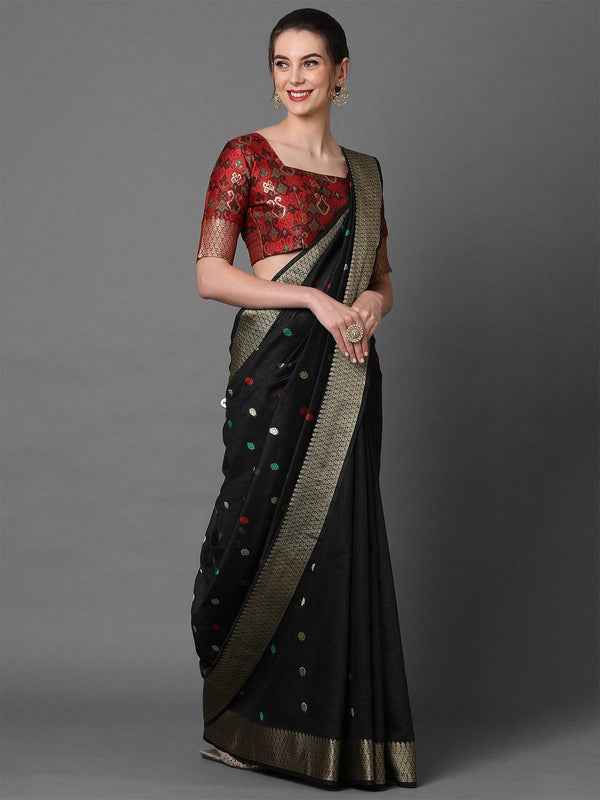 Women's Black Festive Cotton Blend Woven Design Saree With Unstitched Blouse - Odette