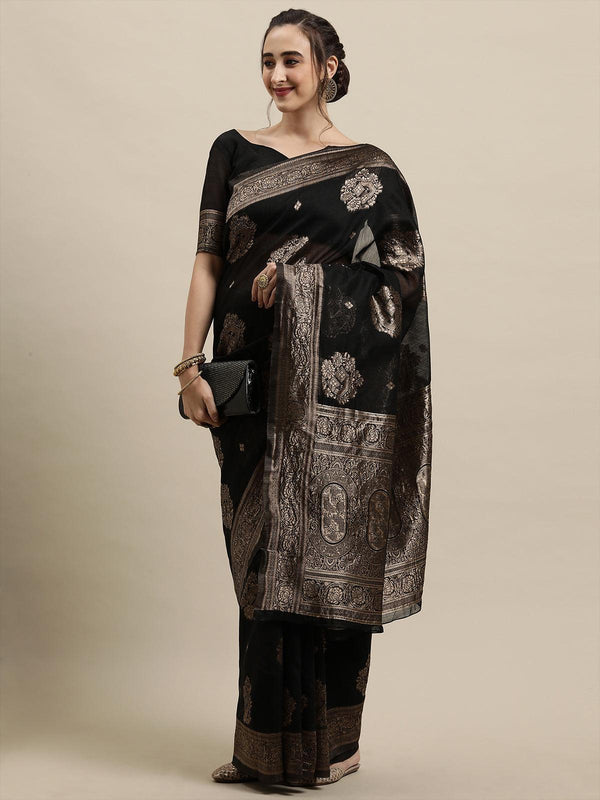 Women's Black Festive Linen Woven Design Saree With Unstitched Blouse - Odette