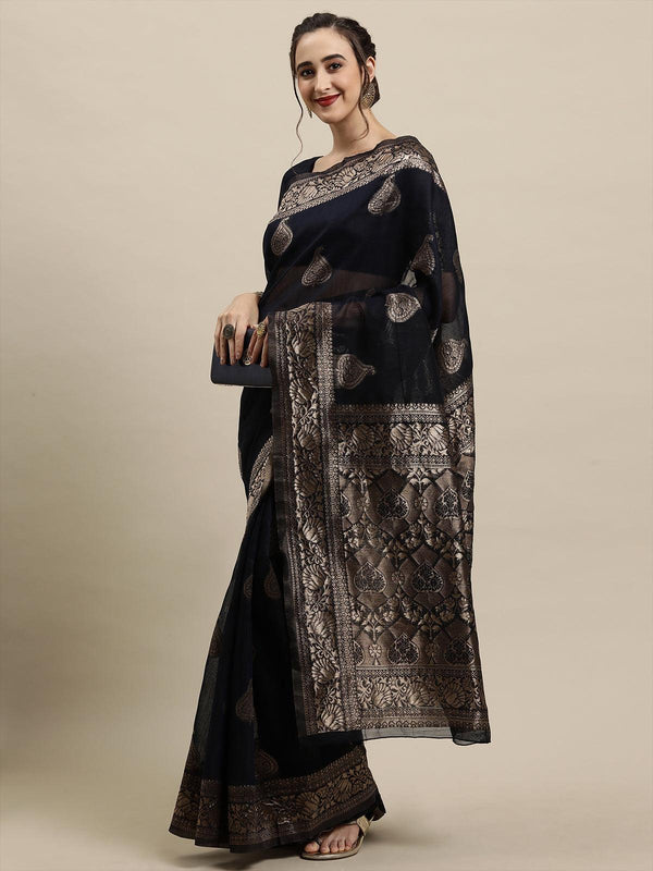 Women's Black Festive Linen Woven Design Saree With Unstitched Blouse - Odette