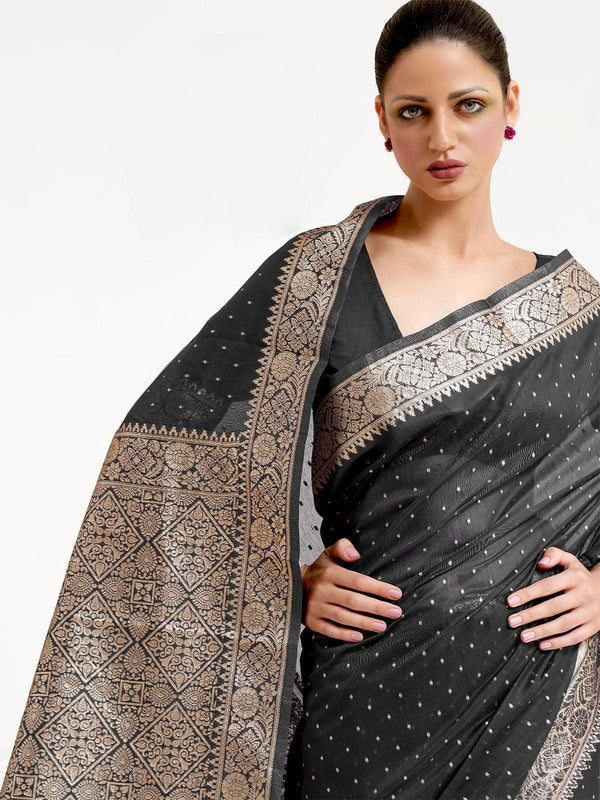 Women's Black Festive Silk Blend Woven Design Saree With Unstitched Blouse - Odette