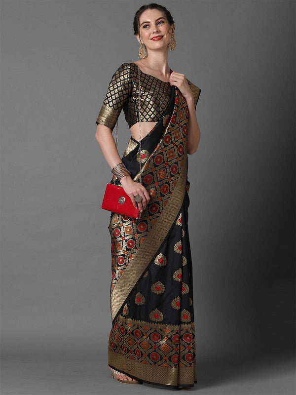 Women's Black Festive Silk Blend Woven Design Saree With Unstitched Blouse - Odette