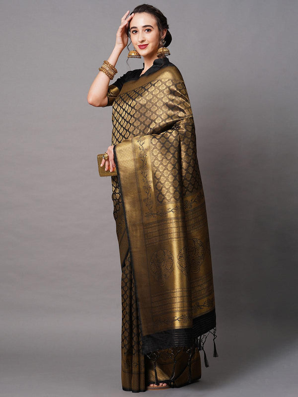 Women's Black Festive Silk Blend Woven Design Saree With Unstitched Blouse - Odette