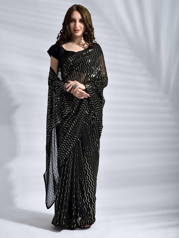 Women's Black Georgette Sequence Saree With Blouse - Odette