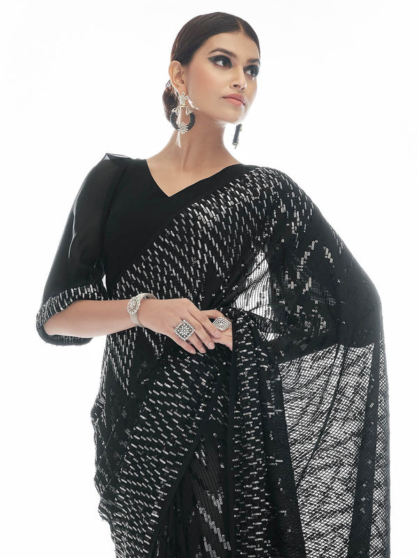 Women's Black Georgette Sequin Saree - Odette