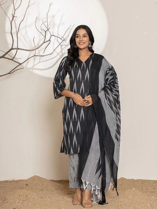 Black Ikat Print Cotton Straight Kurta Dupatta Set-Indiakreations-JS1748SKDBKS