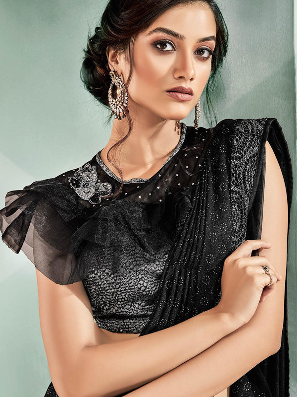 Women's Black Lycra Designer Saree With Blouse - Odette