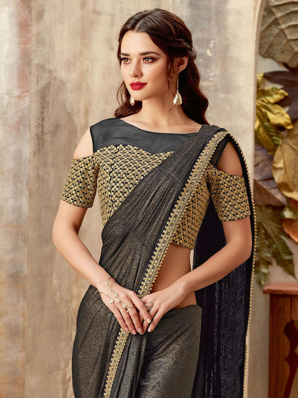 Women's Black Lycra Designer Saree With Blouse - Odette