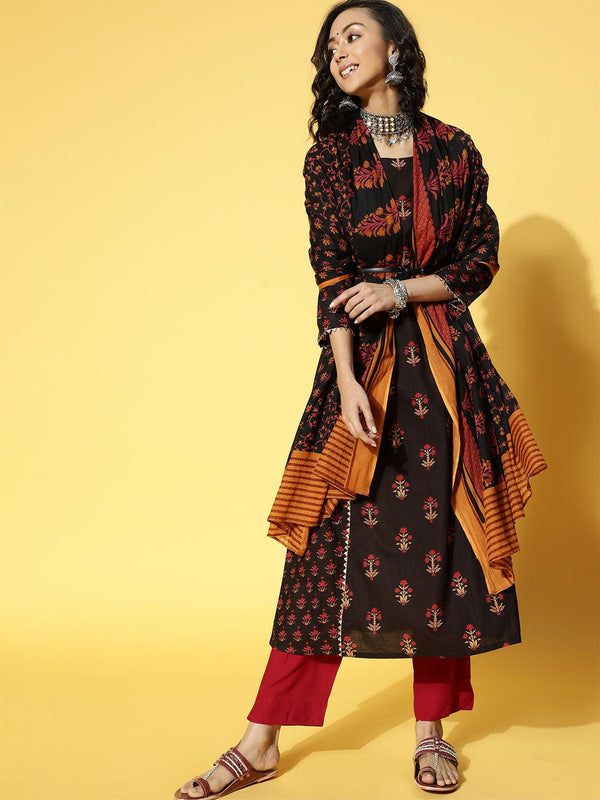 Women's Black Printed A-Line Kurta Trouser With Dupatta Set - Odette