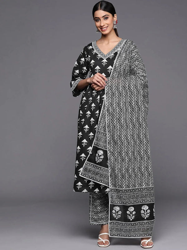 Black Printed Cotton A-Line Suit Set With Trousers - Jashvi