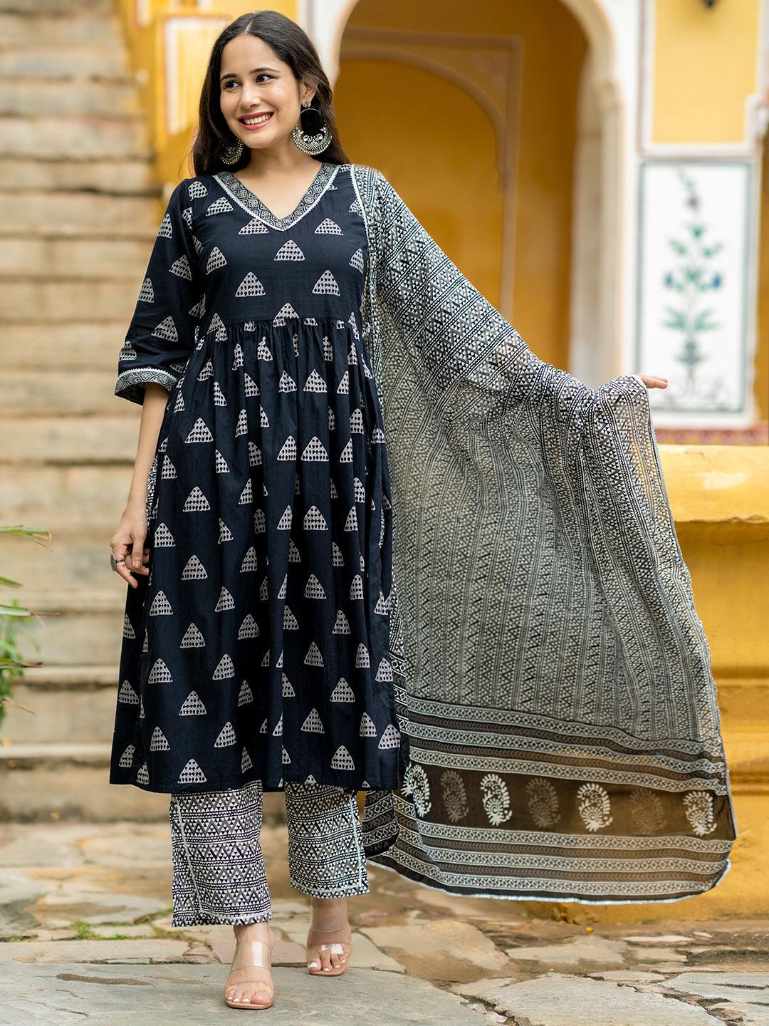 Black Printed Cotton A-Line Kurta With Trousers and Dupatta - Jashvi