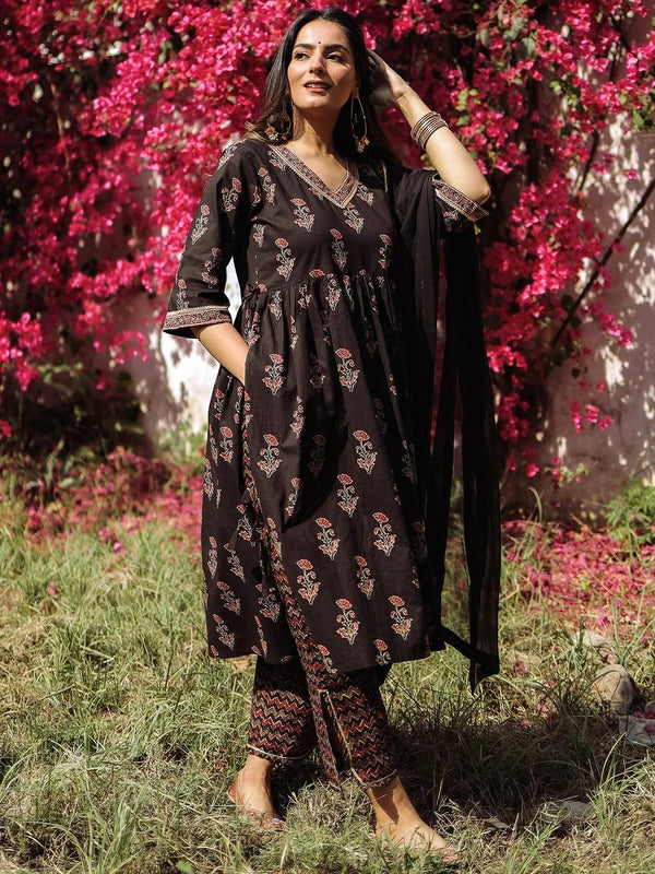 Black Printed Cotton A-Line Suit Set With Trousers - Jashvi