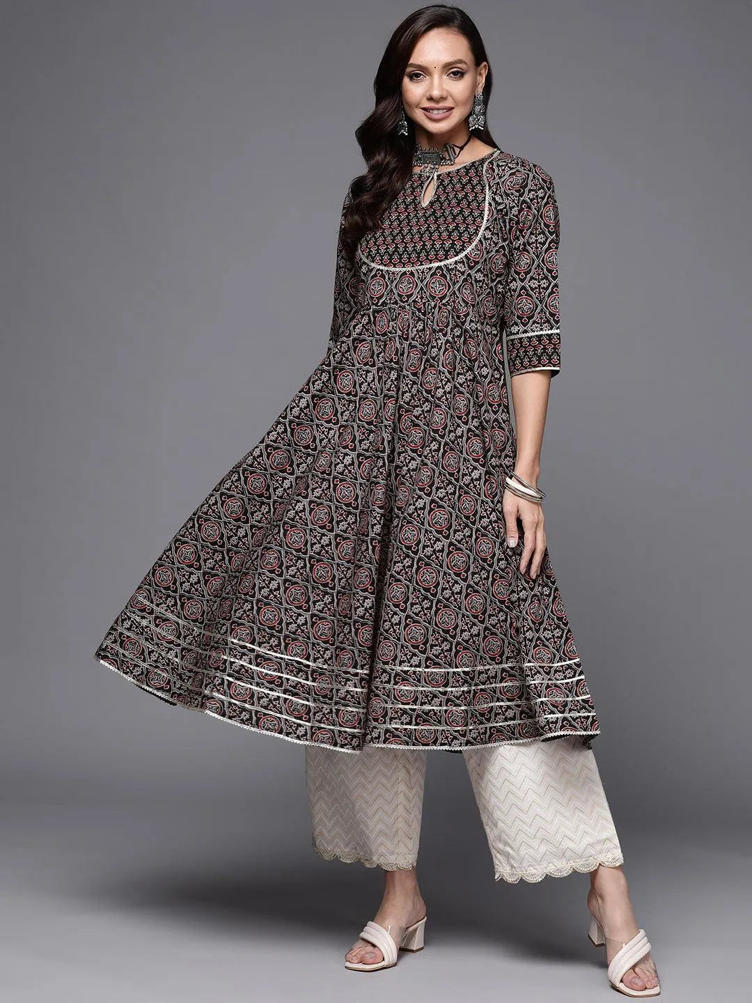 Black Printed Cotton Anarkali Kurta - Jashvi