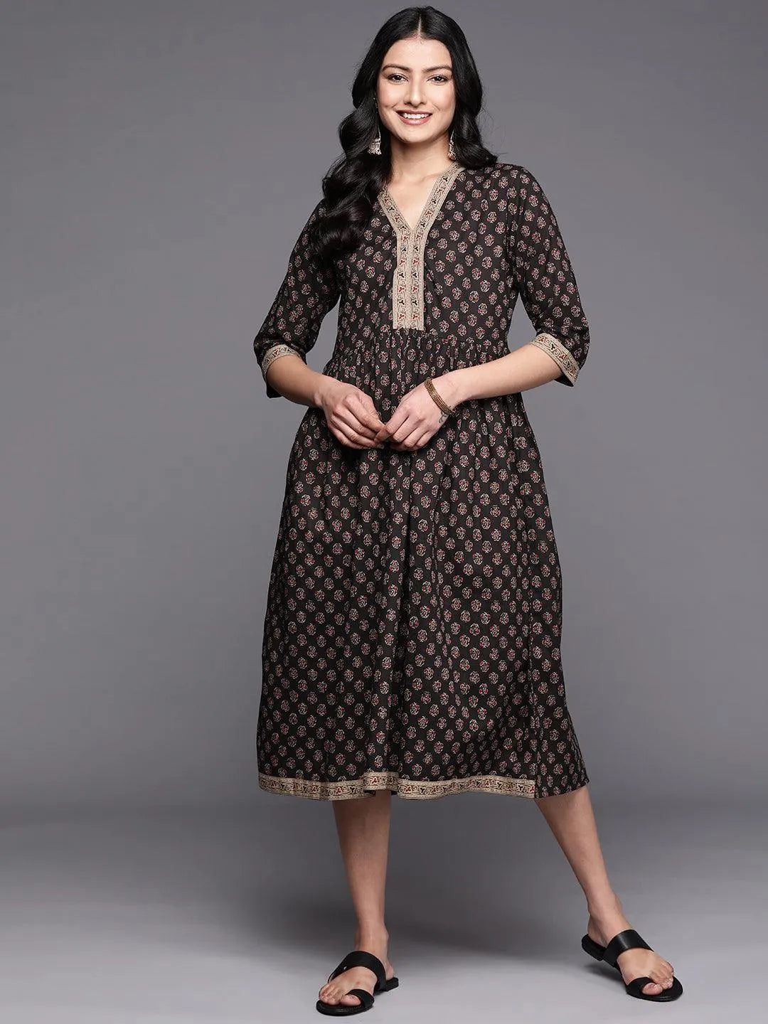 Black Printed Cotton Fit and Flare Dress - Jashvi