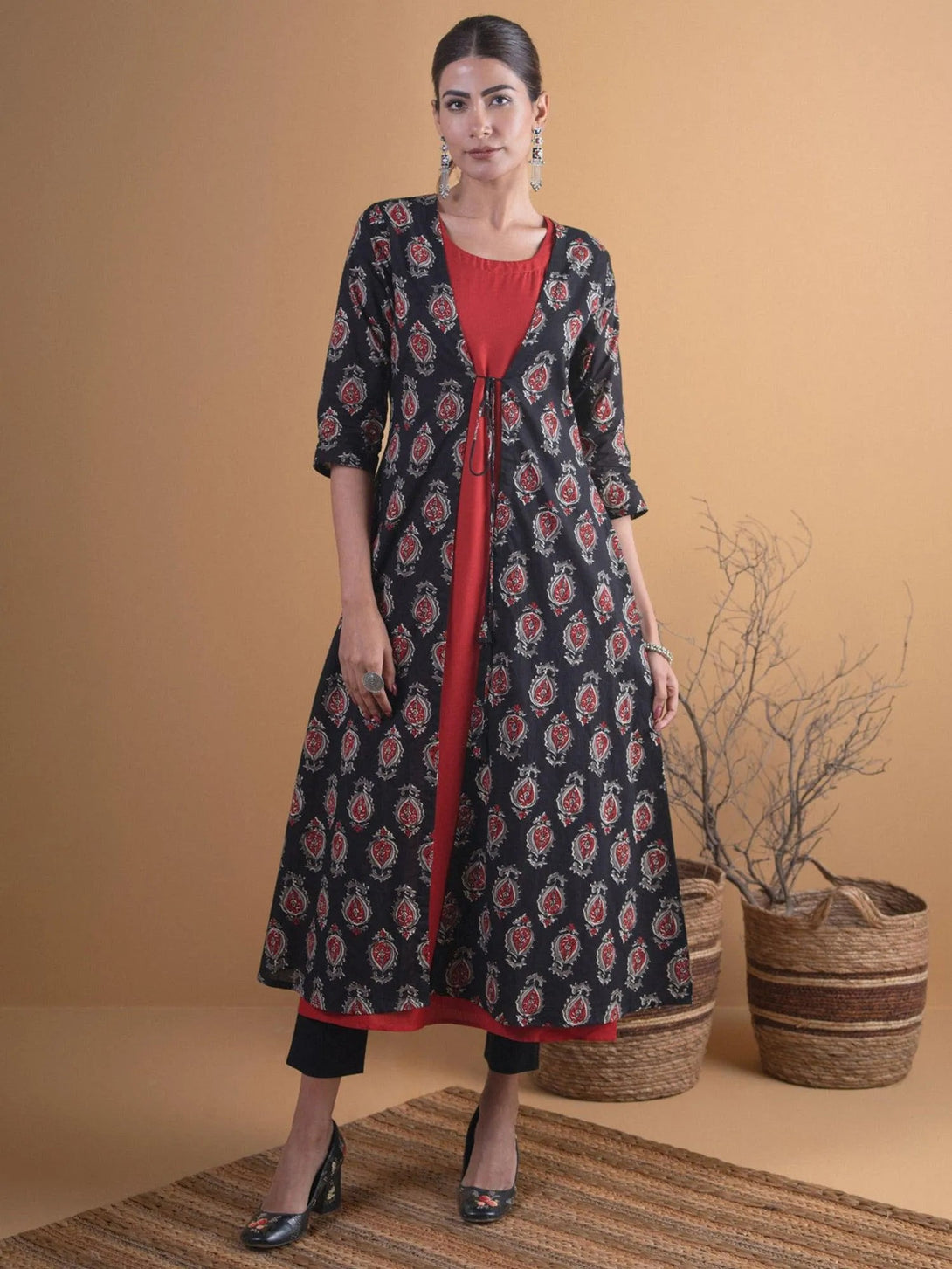 Black Printed Cotton Kurta With Jacket - Jashvi