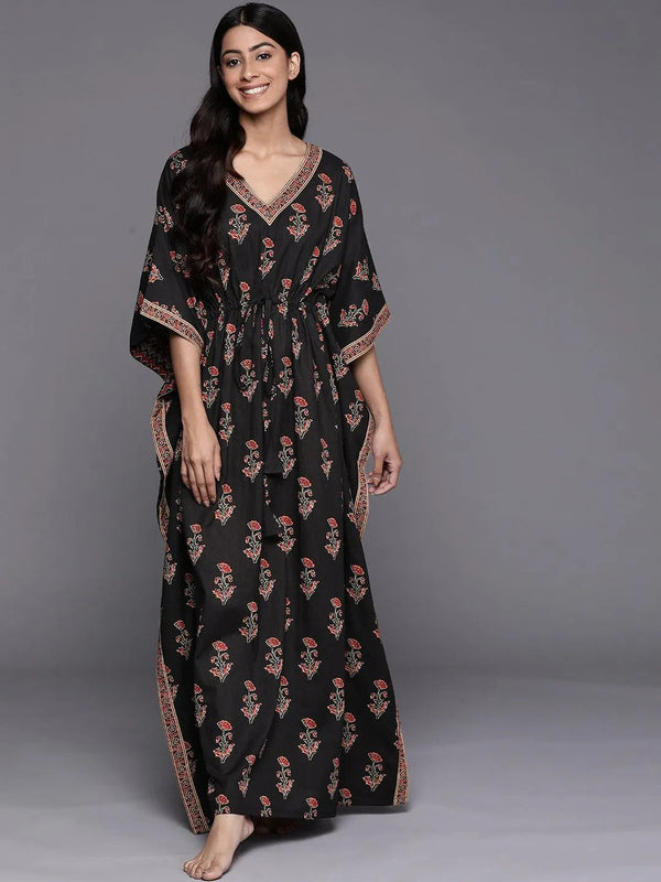 Black Printed Cotton Night Dress - Jashvi