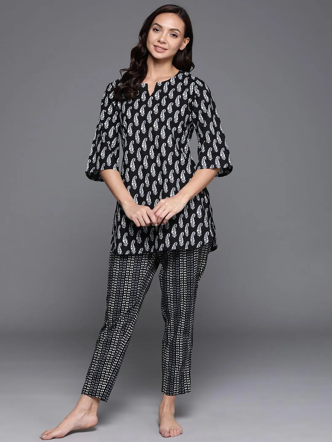 Black Printed Cotton Night Suit - Jashvi